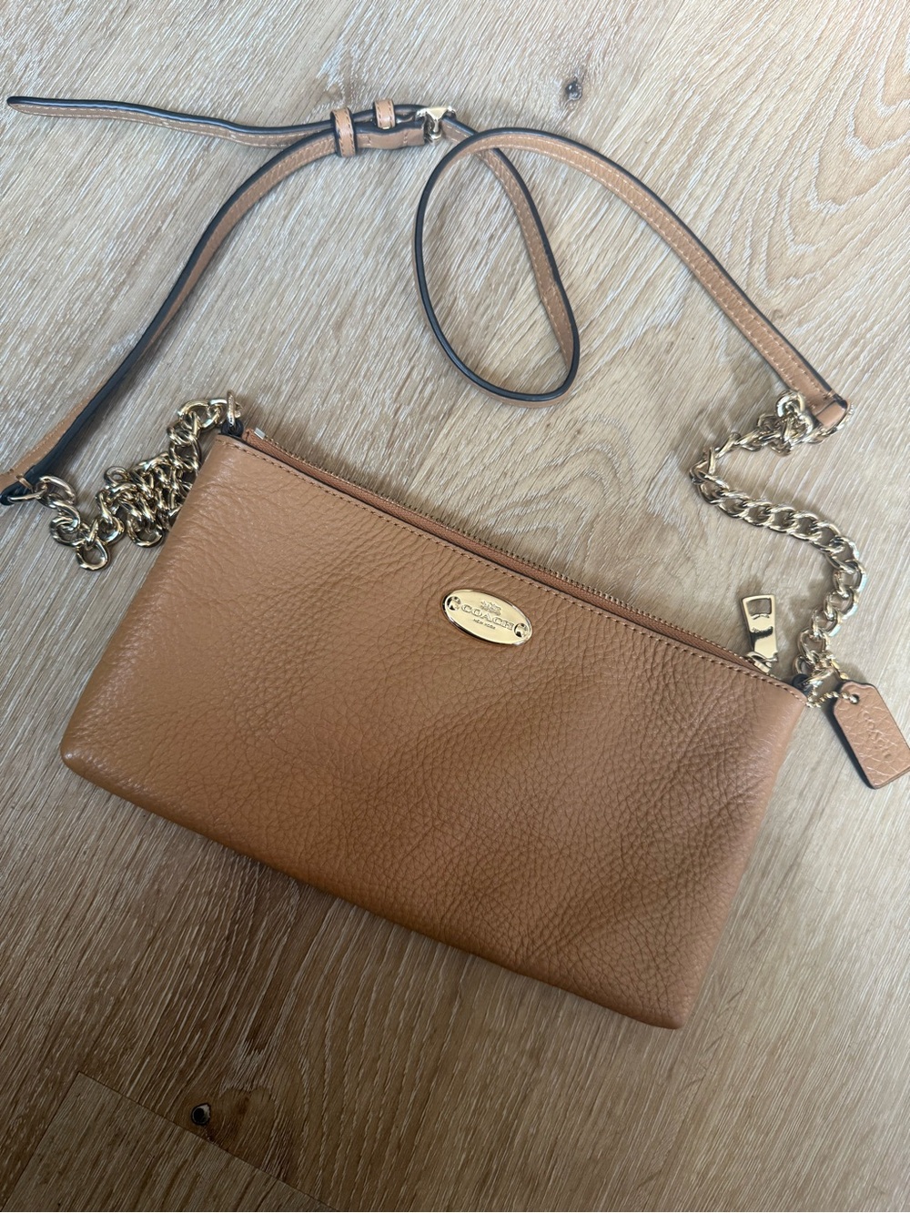 Coach Tan Pebbled Leather Crossbody with Gold Chain Trim
